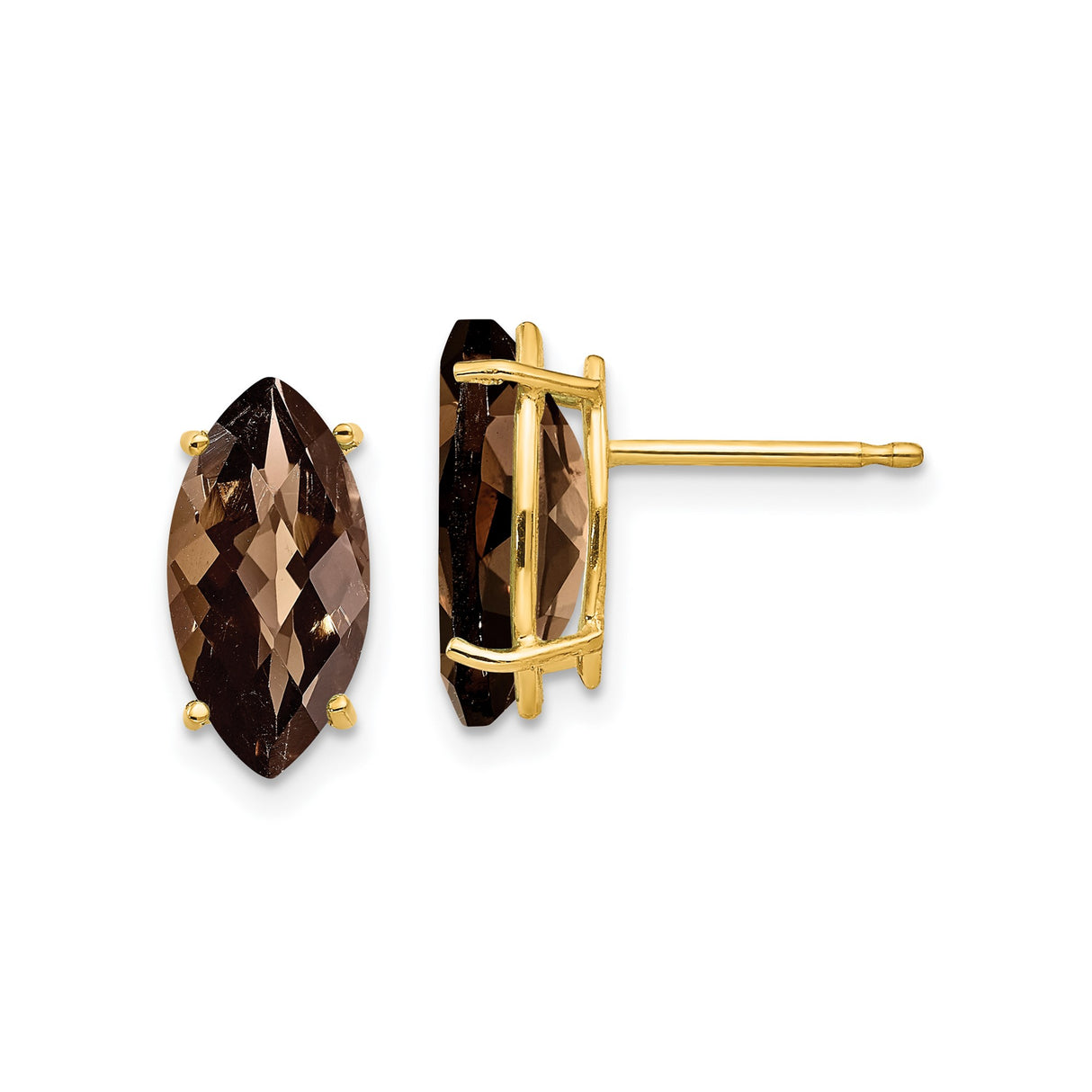 14k Yellow Gold Stud Earrings with Marquise Cut Smoky Quartz, Four Prong Setting