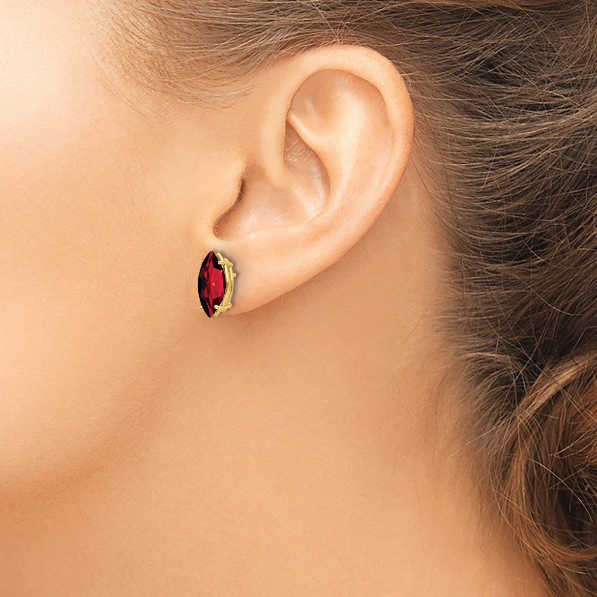 14k Yellow Gold Garnet Stud Earrings, Marquise Cut, Four Prong Setting, January Birthstone Jewelry