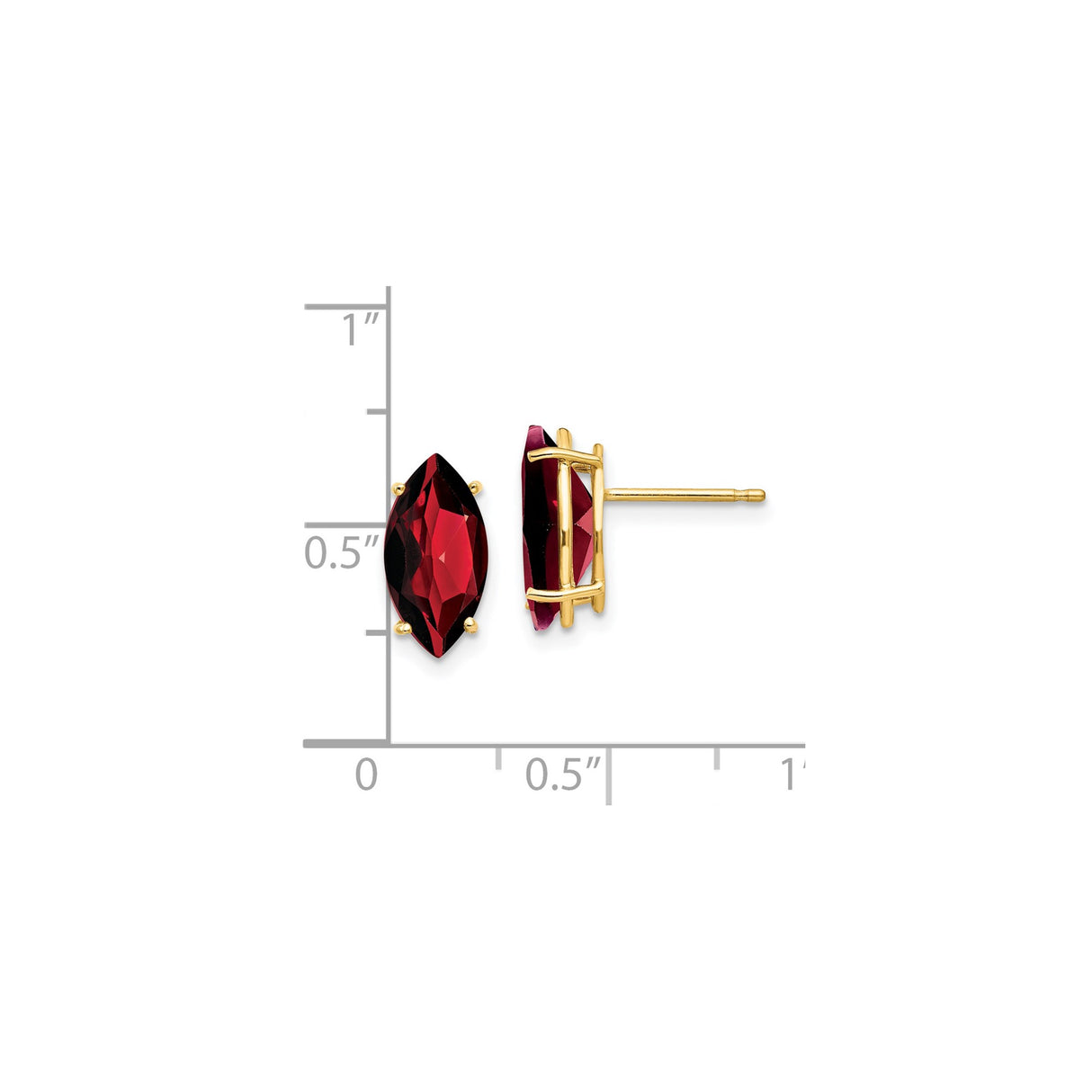 14k Yellow Gold Garnet Stud Earrings, Marquise Cut, Four Prong Setting, January Birthstone Jewelry