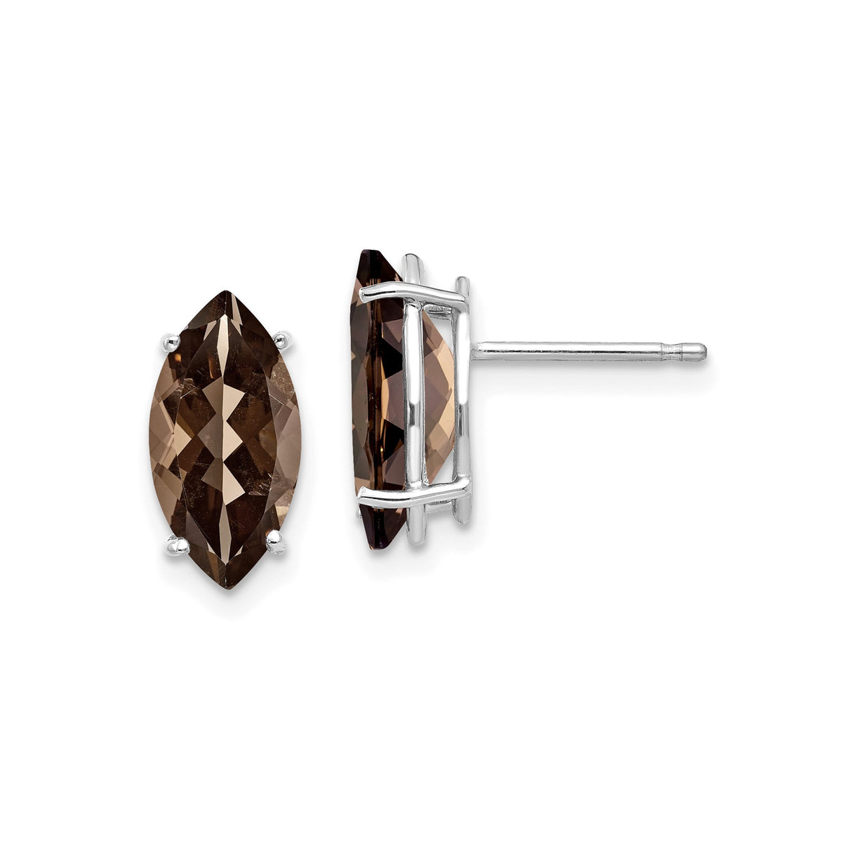 14k White Gold Marquise Smoky Quartz Stud Earrings, Classic Four-Prong Setting