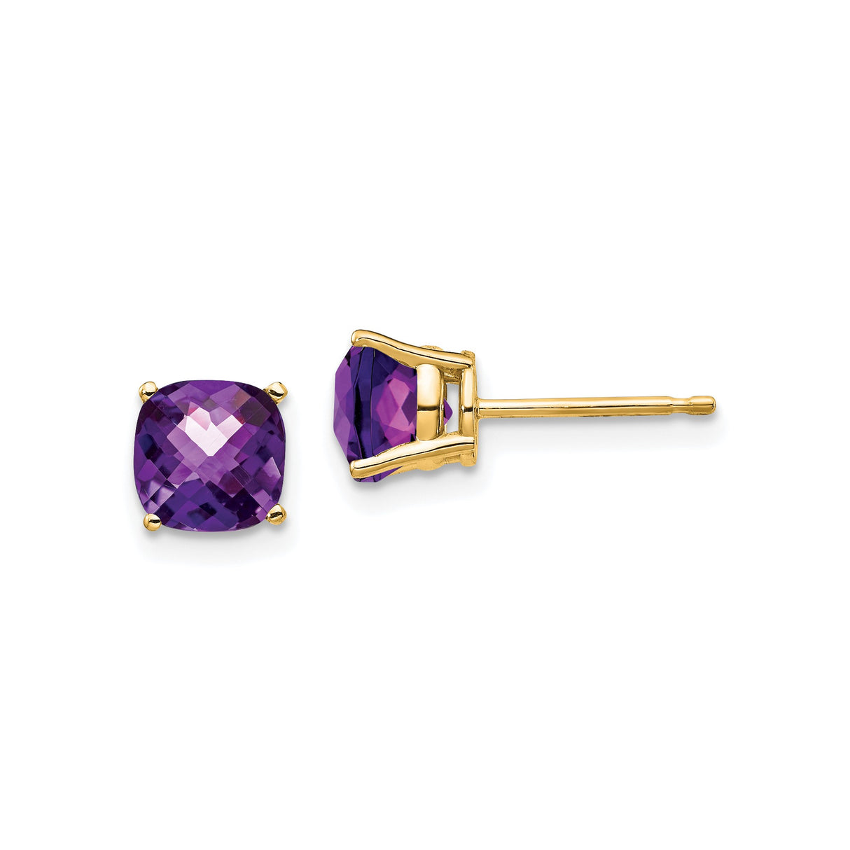 14k Yellow Gold Stud Earrings with Cushion Cut Amethyst Checkerboard Gemstones