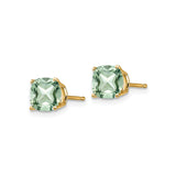 14k Yellow Gold Stud Earrings with Cushion Cut Green Quartz, Four Prong Setting