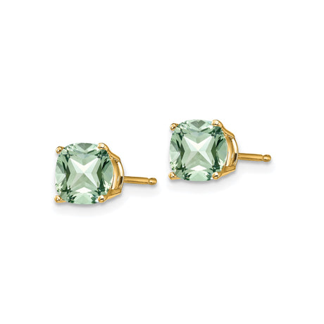 14k Yellow Gold Stud Earrings with Cushion Cut Green Quartz, Four Prong Setting