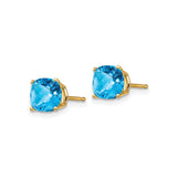 14k Yellow Gold Stud Earrings with Swiss Blue Topaz, Cushion Cut in Four Prong Setting