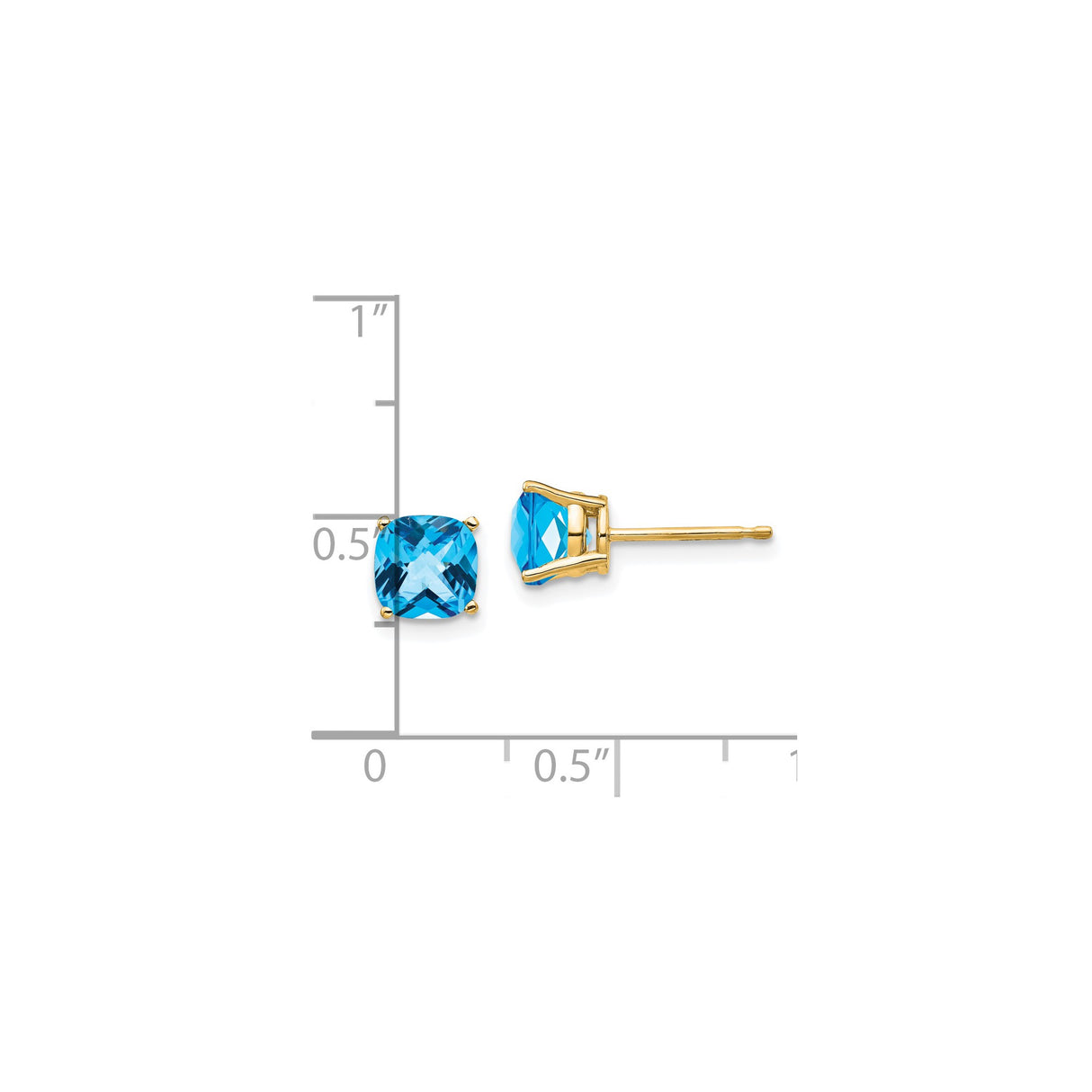 14k Yellow Gold Stud Earrings with Swiss Blue Topaz, Cushion Cut in Four Prong Setting
