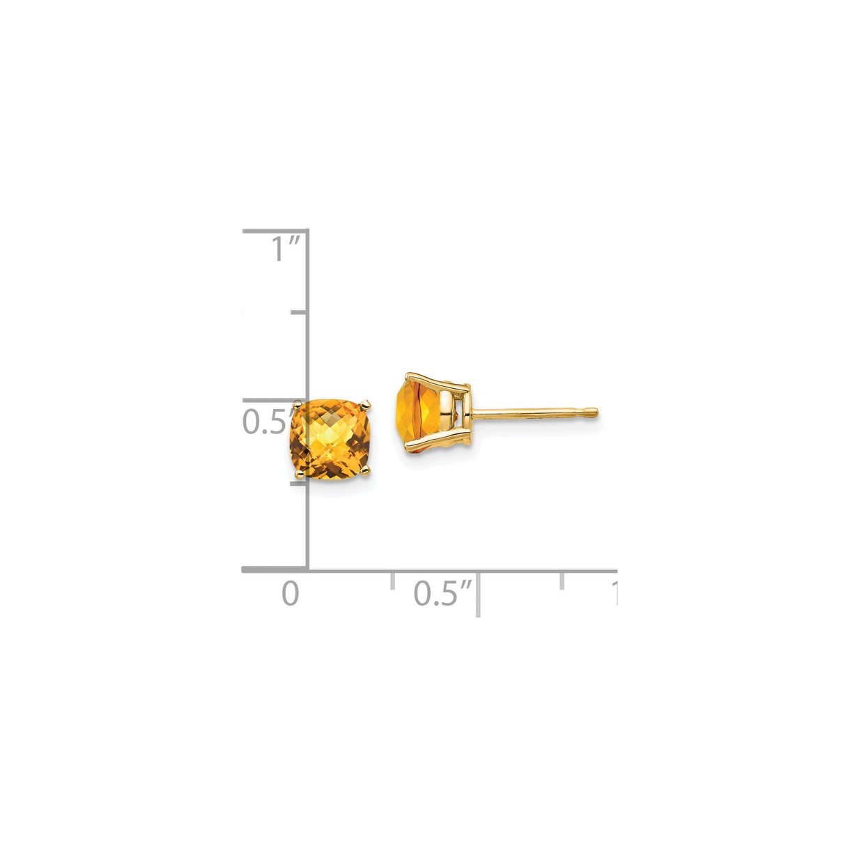 14k Yellow Gold Citrine Stud Earrings, Cushion Cut with Checkerboard Design