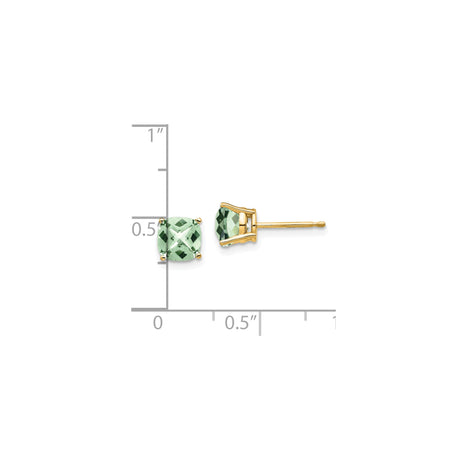 14k Yellow Gold Stud Earrings with Cushion Cut Green Quartz, Minimalist Modern Design
