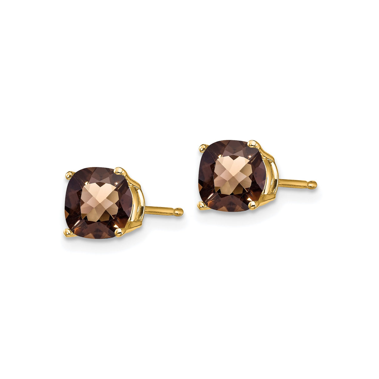 14k Yellow Gold Stud Earrings with Cushion Cut Smoky Quartz, Minimalist Classic Style