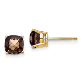 14k Yellow Gold Stud Earrings with Cushion Cut Smoky Quartz, Minimalist Classic Style