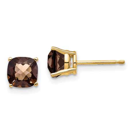 14k Yellow Gold Stud Earrings with Cushion Cut Smoky Quartz, Minimalist Classic Style