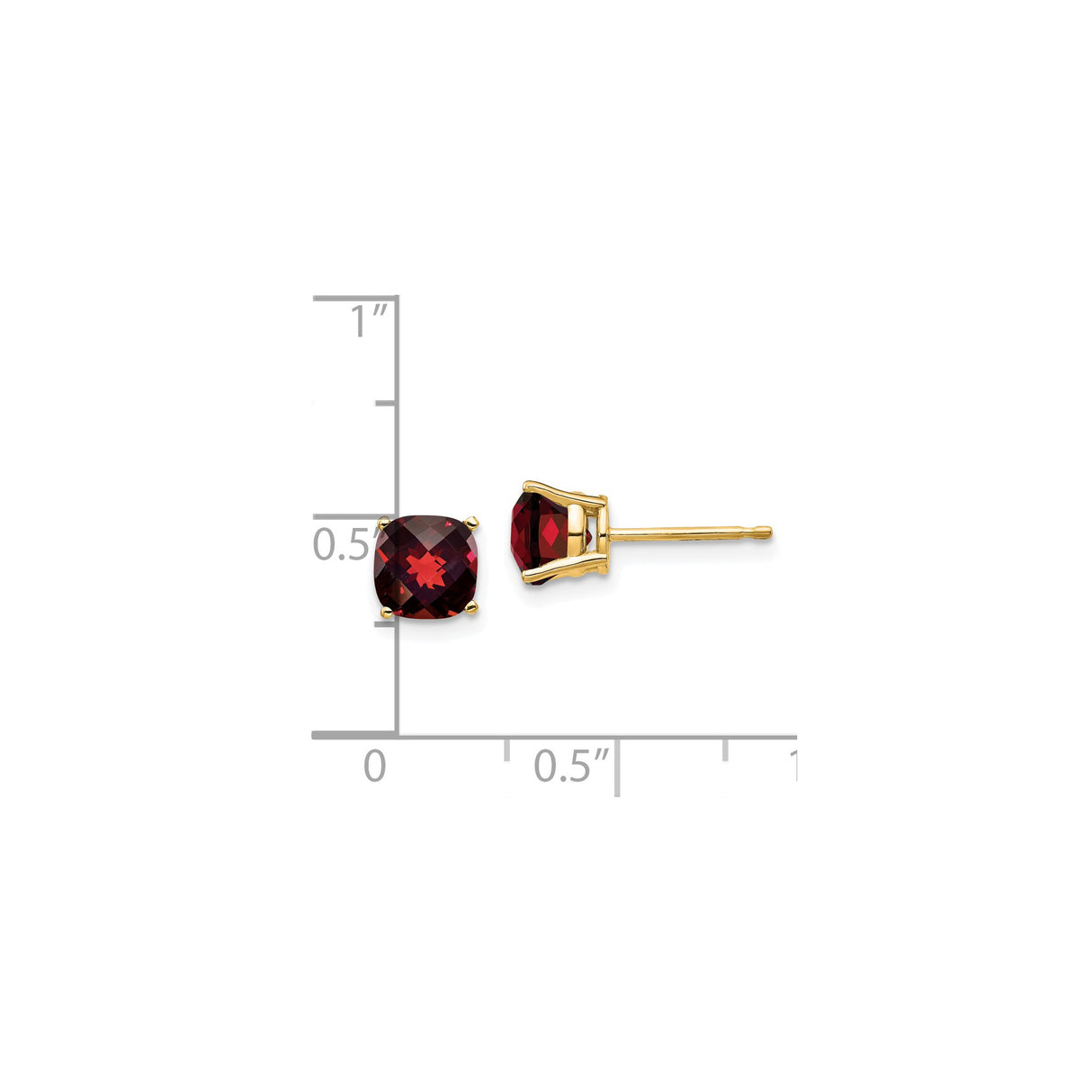 14k Yellow Gold Garnet Stud Earrings, Cushion Cut Four Prong Setting, January Birthstone