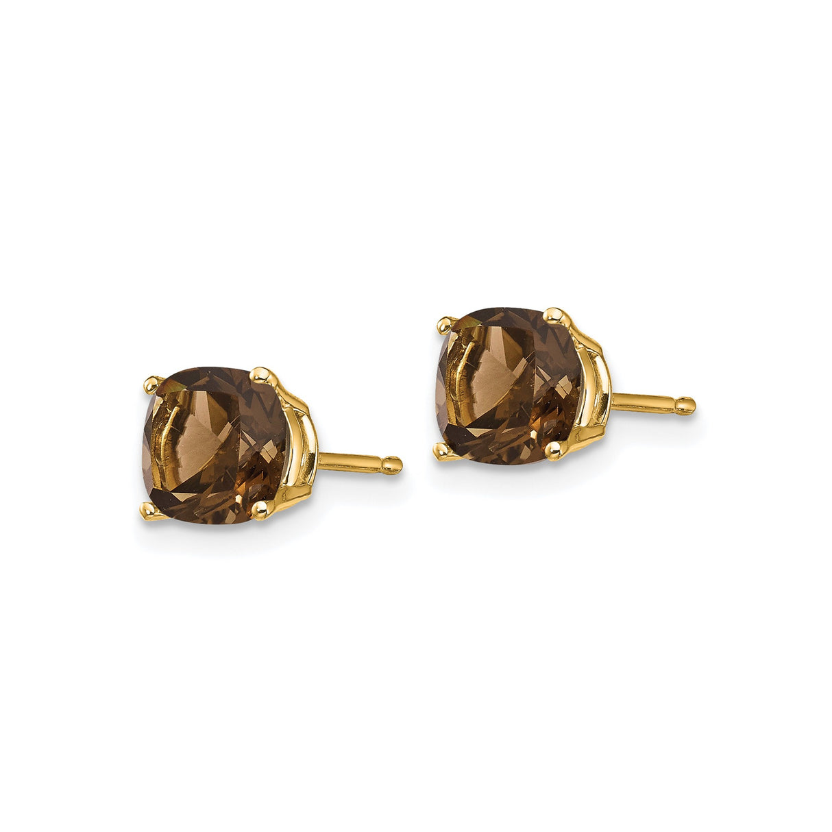 14k Yellow Gold Stud Earrings with Cushion Cut Smoky Quartz, Minimalist Style