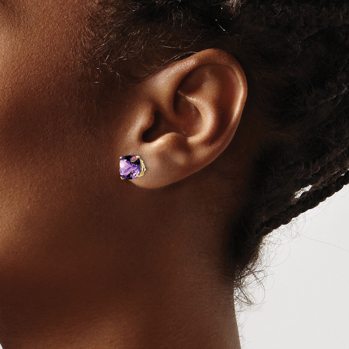 14k Yellow Gold Stud Earrings with Cushion Cut Amethyst in Prong Setting