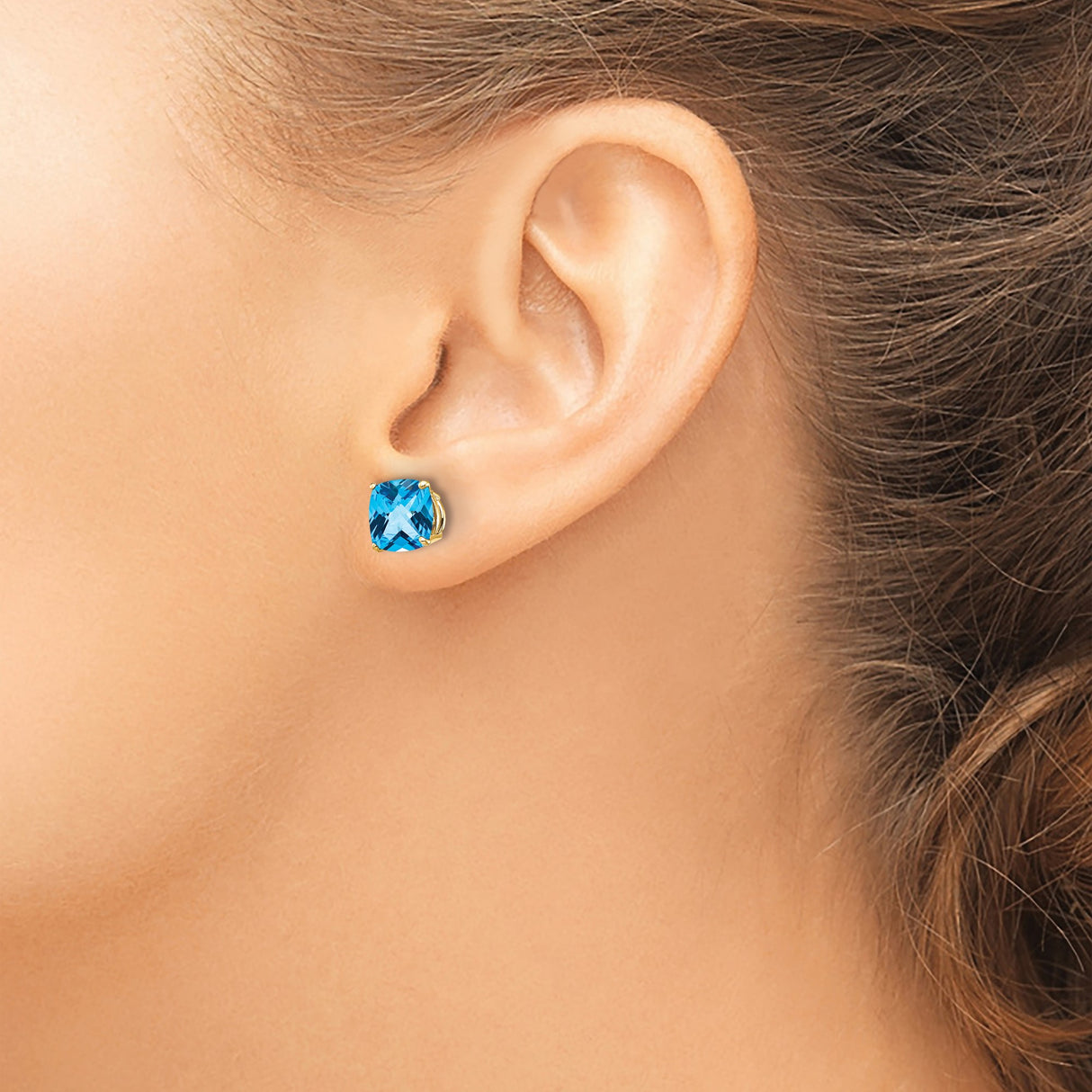 14k Yellow Gold Blue Topaz Stud Earrings, Cushion Cut, Four Prong Setting, December Birthstone