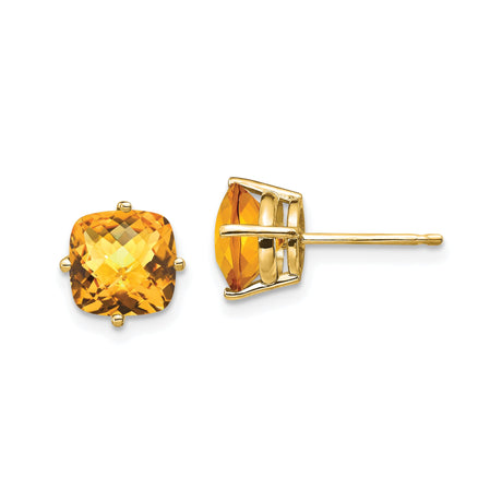 14k Yellow Gold Cushion Cut Citrine Stud Earrings, Classic November Birthstone Jewelry