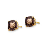 14k Yellow Gold Stud Earrings with Cushion Cut Smoky Quartz, Four Prong Setting