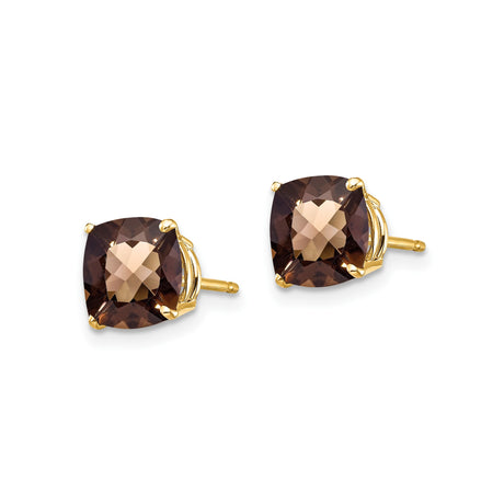 14k Yellow Gold Stud Earrings with Cushion Cut Smoky Quartz, Four Prong Setting
