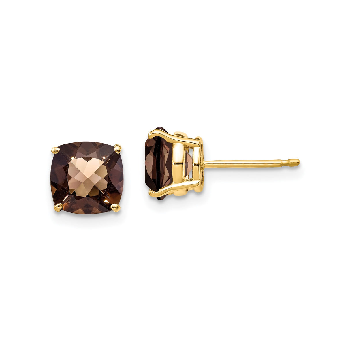 14k Yellow Gold Stud Earrings with Cushion Cut Smoky Quartz, Four Prong Setting