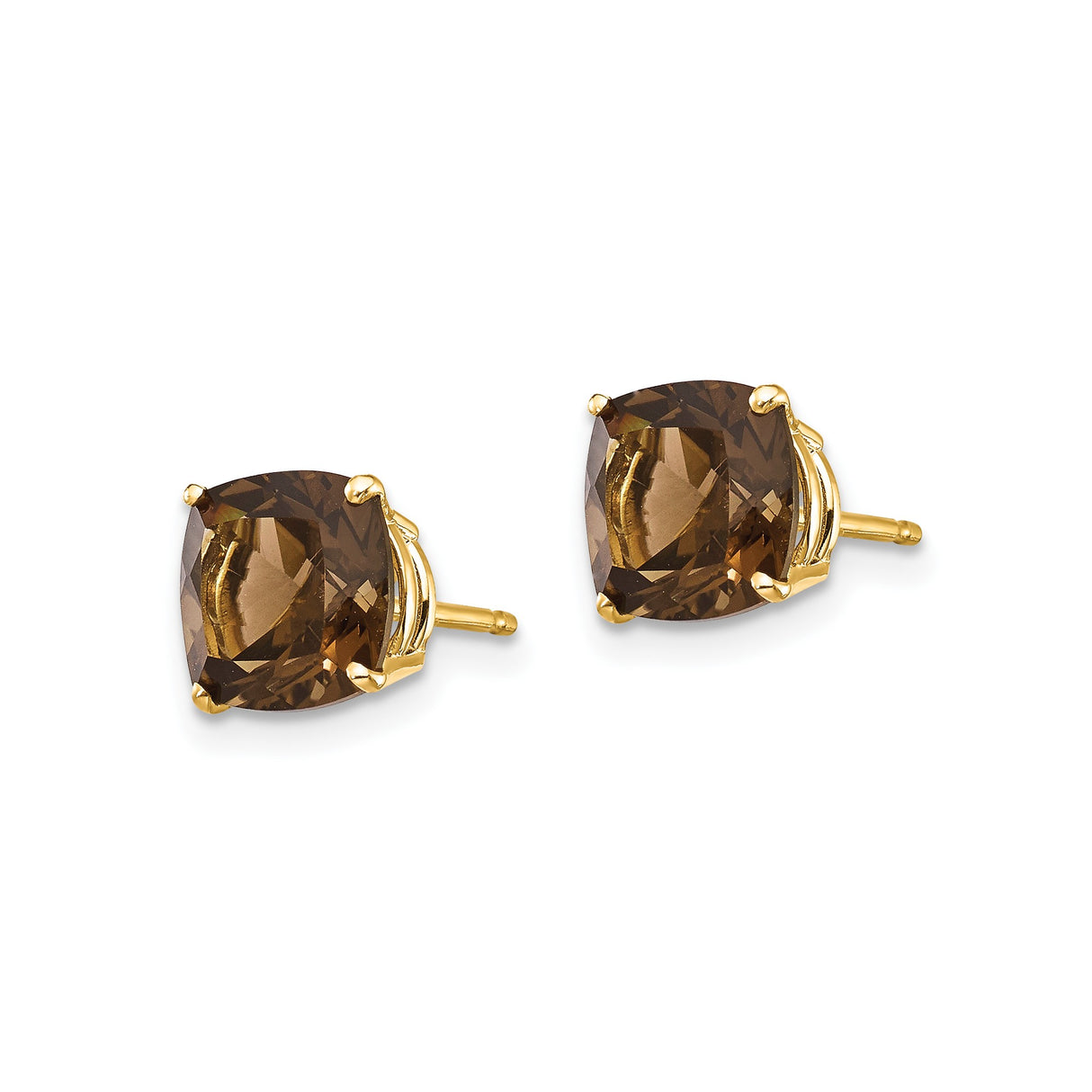 14k Yellow Gold Stud Earrings with Cushion Cut Smoky Quartz, Minimalist Jewelry for Women