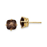 14k Yellow Gold Stud Earrings with Cushion Cut Smoky Quartz, Minimalist Jewelry for Women