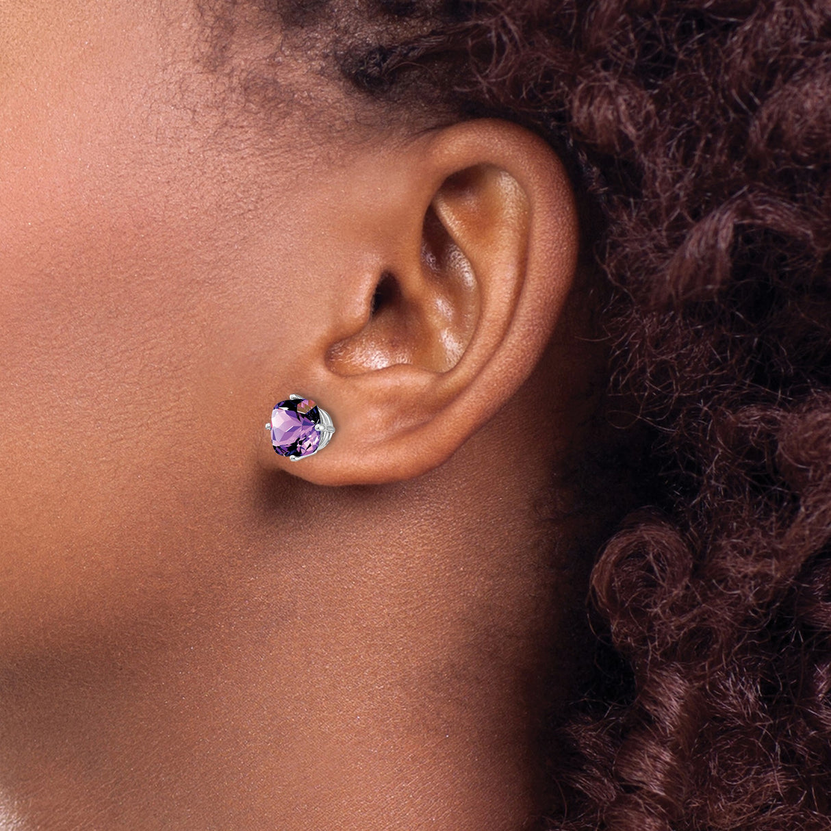 14k White Gold Amethyst Stud Earrings, Cushion Cut Purple Gemstone in Four Prong Setting