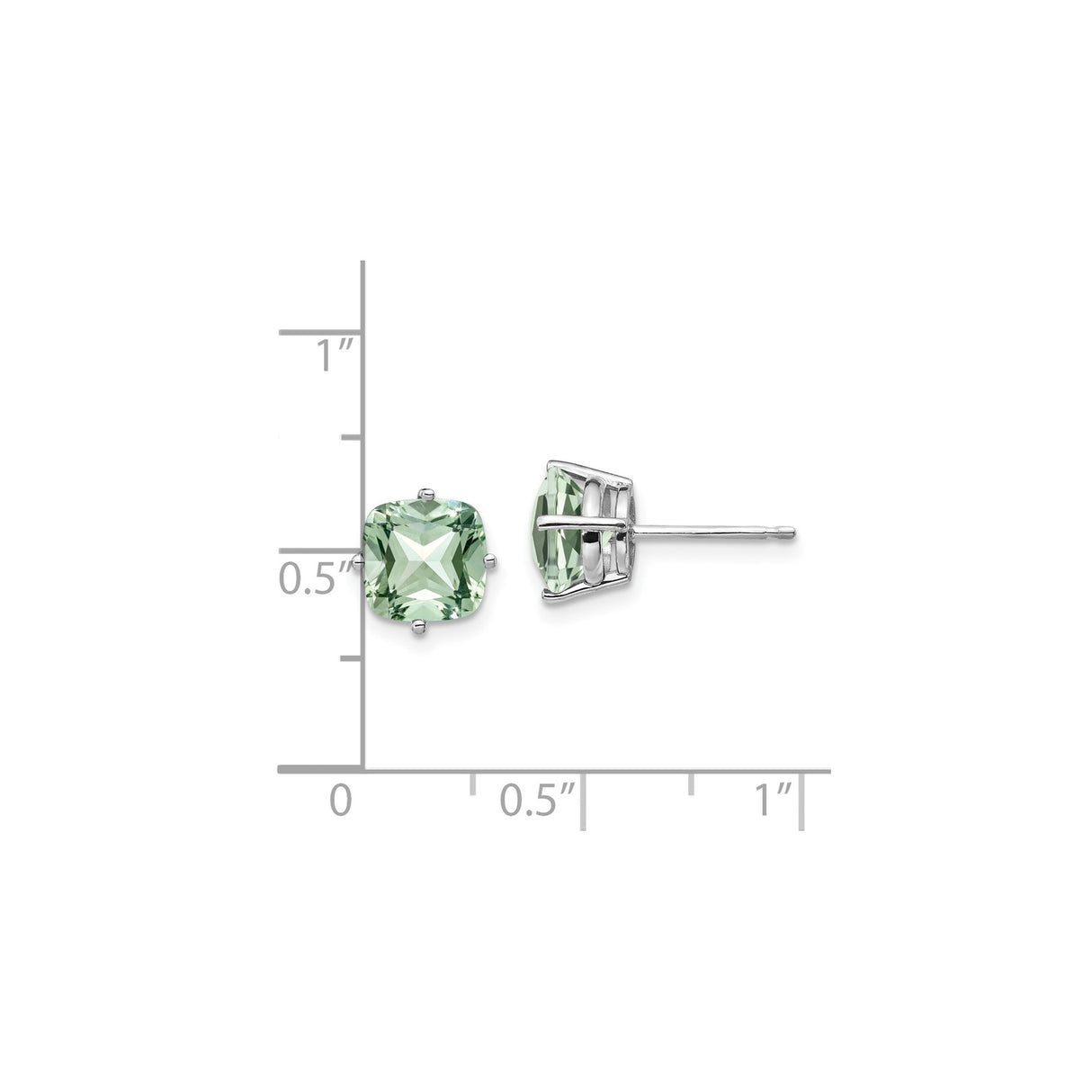 14k White Gold Stud Earrings with Cushion Cut Green Quartz in Four-Prong Setting