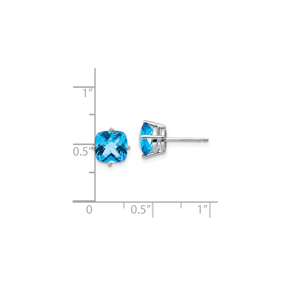 14k White Gold Stud Earrings with Cushion Cut Swiss Blue Topaz, Checkerboard Cut