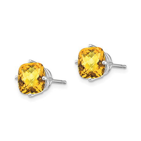 14k White Gold Citrine Stud Earrings, Cushion Cut Checkerboard, November Birthstone Jewelry