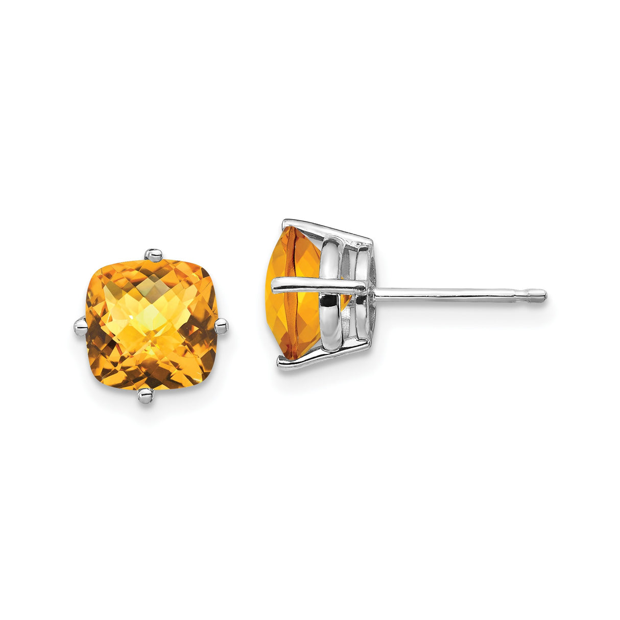 14k White Gold Citrine Stud Earrings, Cushion Cut Checkerboard, November Birthstone Jewelry