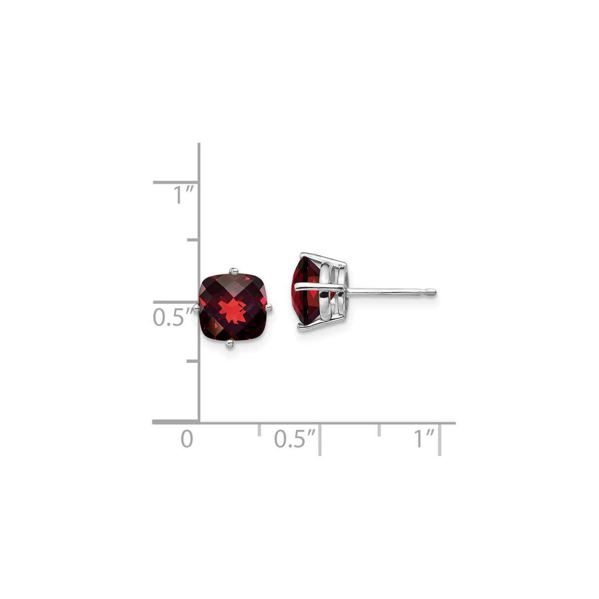 14k White Gold Garnet Stud Earrings with Cushion Cut Gemstone, Classic Romantic Design