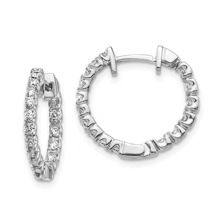 14k White Gold Diamond Hoop Earrings, Round Cut, Shared Prong, 1 Inch Diameter
