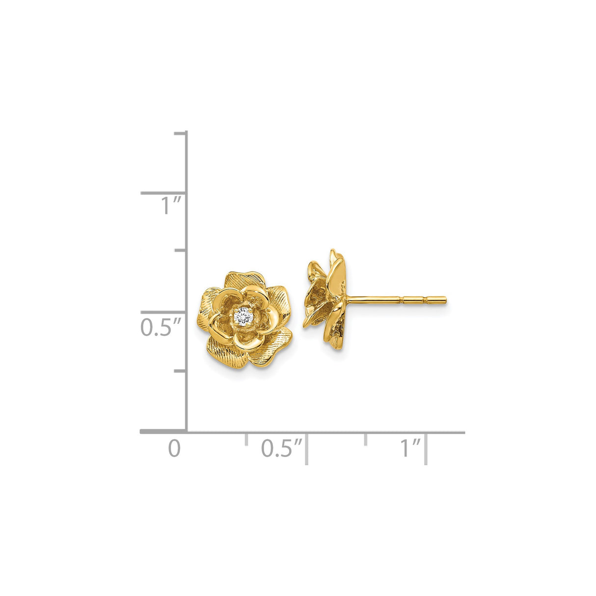 14k Yellow Gold Flower Stud Earrings with Diamond Center, Rose Design for Women