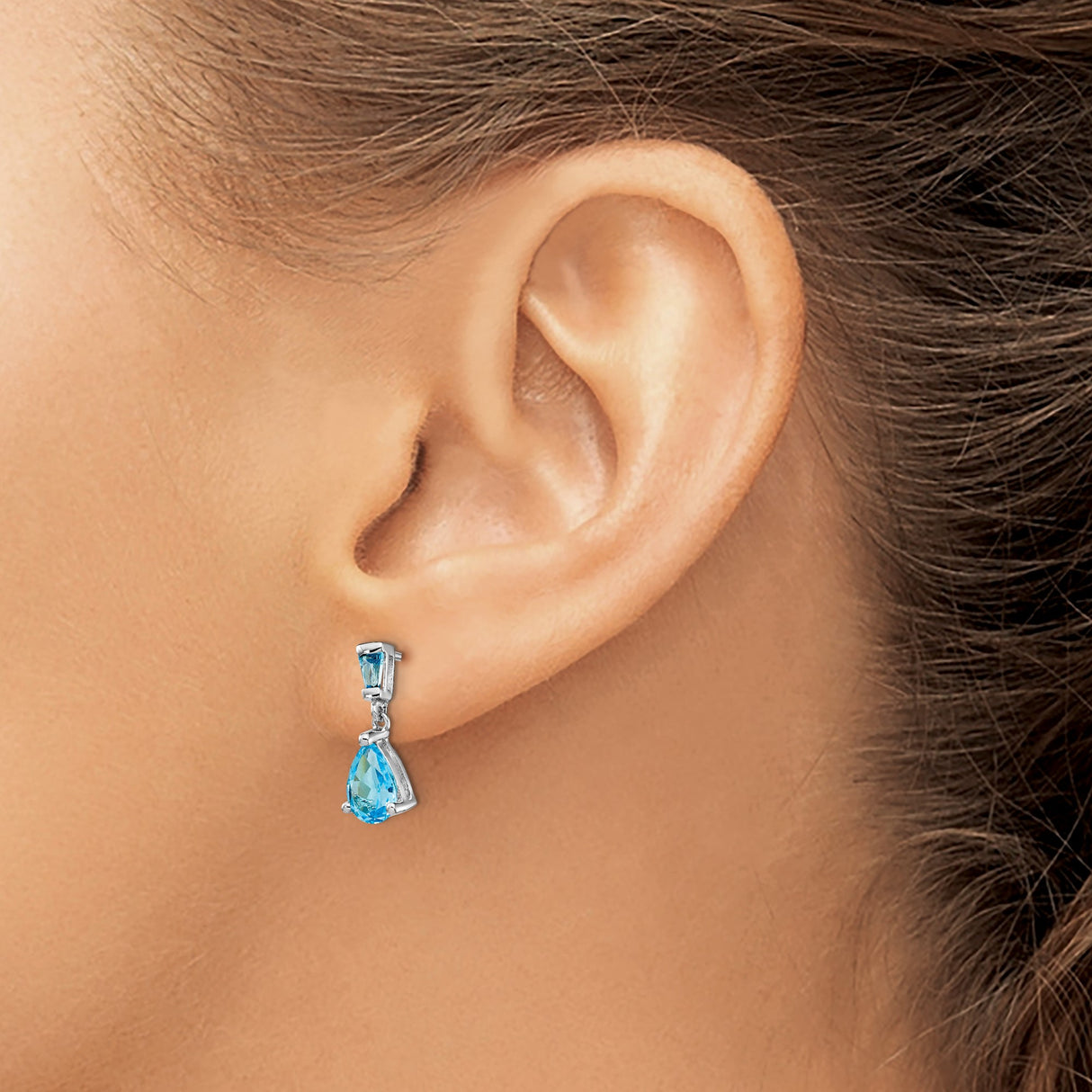 14k White Gold Dangle Earrings with Swiss Blue Topaz, Tapered Baguette and Pear Shapes