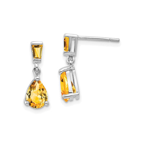 14k White Gold Dangle Earrings with Pear and Baguette Citrine Stones, Drop Design