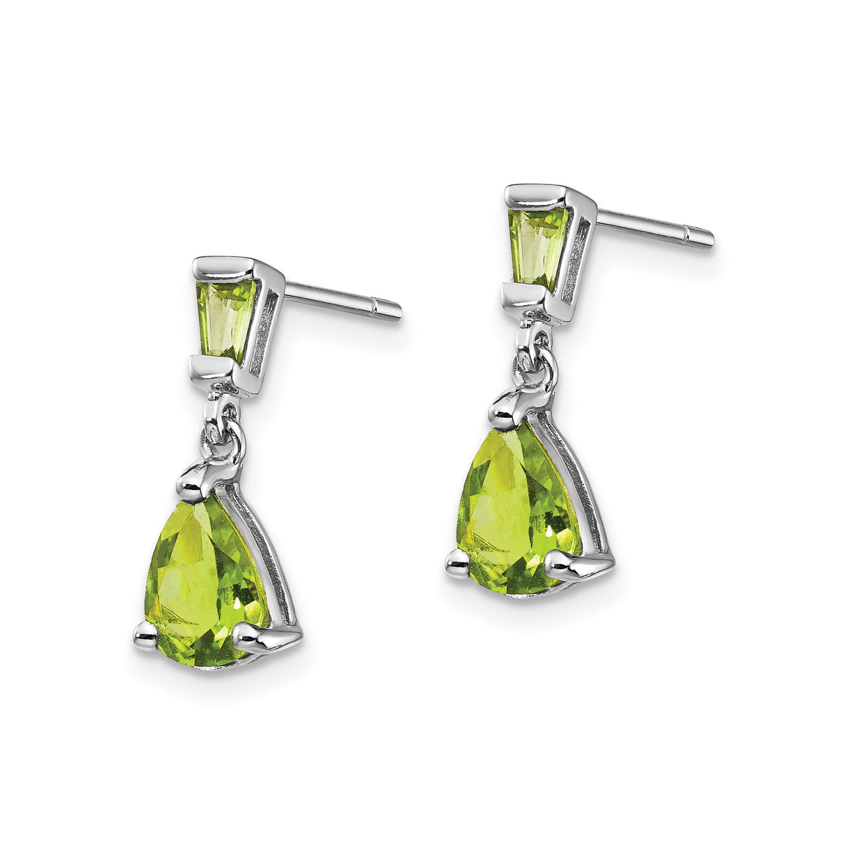 14k White Gold Dangle Earrings with Peridot Pear and Baguette Gemstones, August Birthstone Design