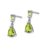 14k White Gold Dangle Earrings with Peridot Pear and Baguette Gemstones, August Birthstone Design