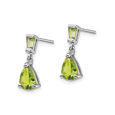 14k White Gold Dangle Earrings with Peridot Pear and Baguette Gemstones, August Birthstone Design