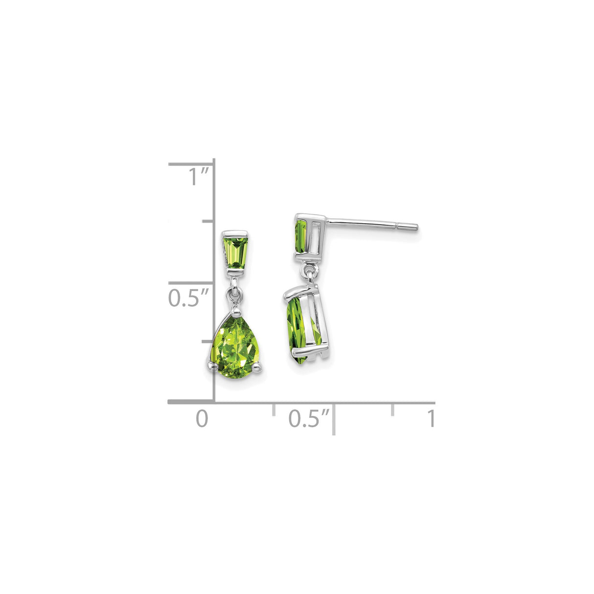 14k White Gold Dangle Earrings with Peridot Pear and Baguette Gemstones, August Birthstone Design