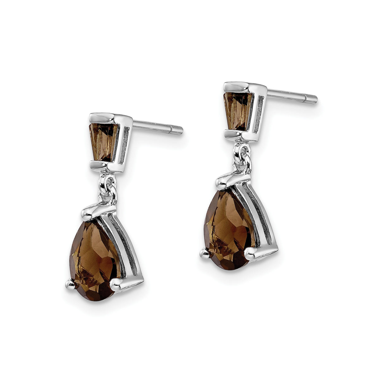 14k White Gold Dangle Earrings with Pear Shaped Smoky Quartz and Baguette Accents