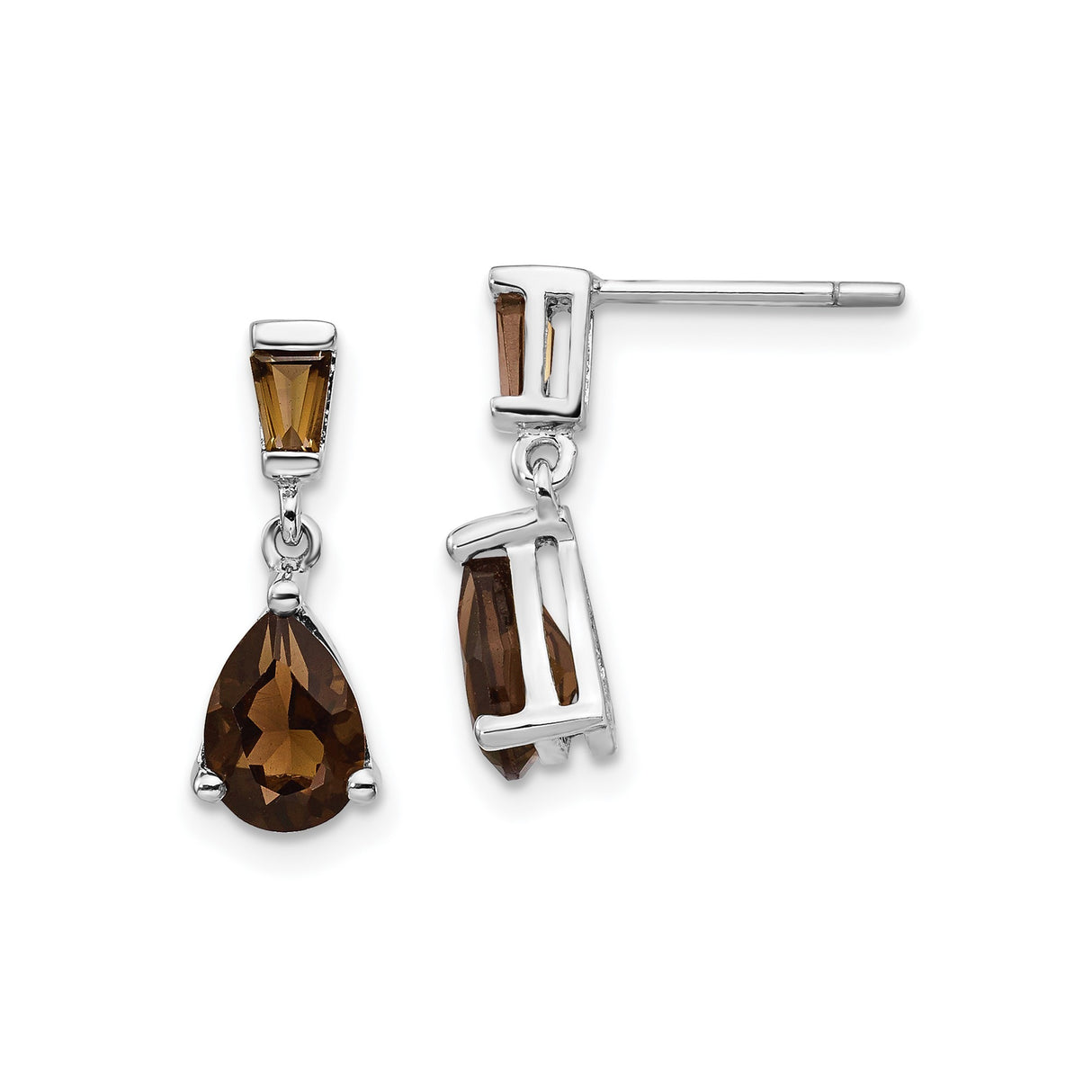 14k White Gold Dangle Earrings with Pear Shaped Smoky Quartz and Baguette Accents