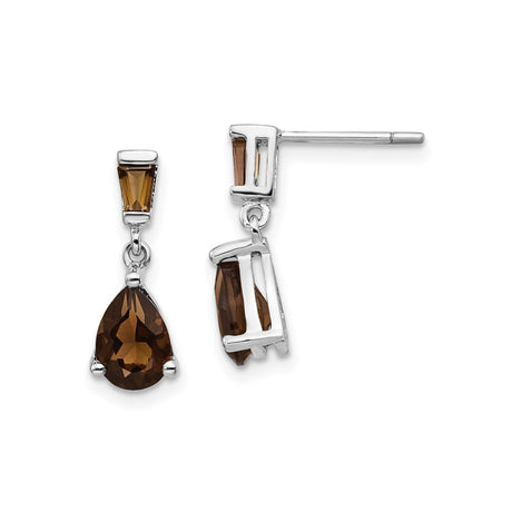 14k White Gold Dangle Earrings with Pear Shaped Smoky Quartz and Baguette Accents