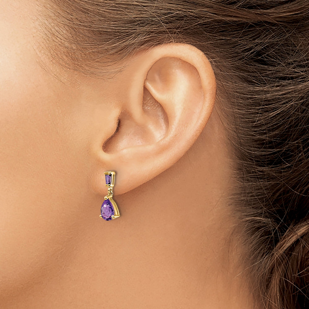 14k Yellow Gold Dangle Earrings with Pear and Baguette Amethyst Gemstones, Drop Post Design