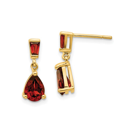 14k Yellow Gold Dangle Earrings with Pear Shaped Garnet and Baguette Accents