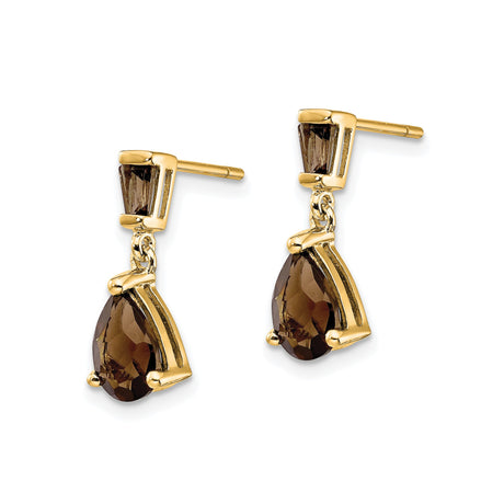 14k Yellow Gold Dangle Earrings with Smoky Quartz Teardrops, Geometric Modern Design