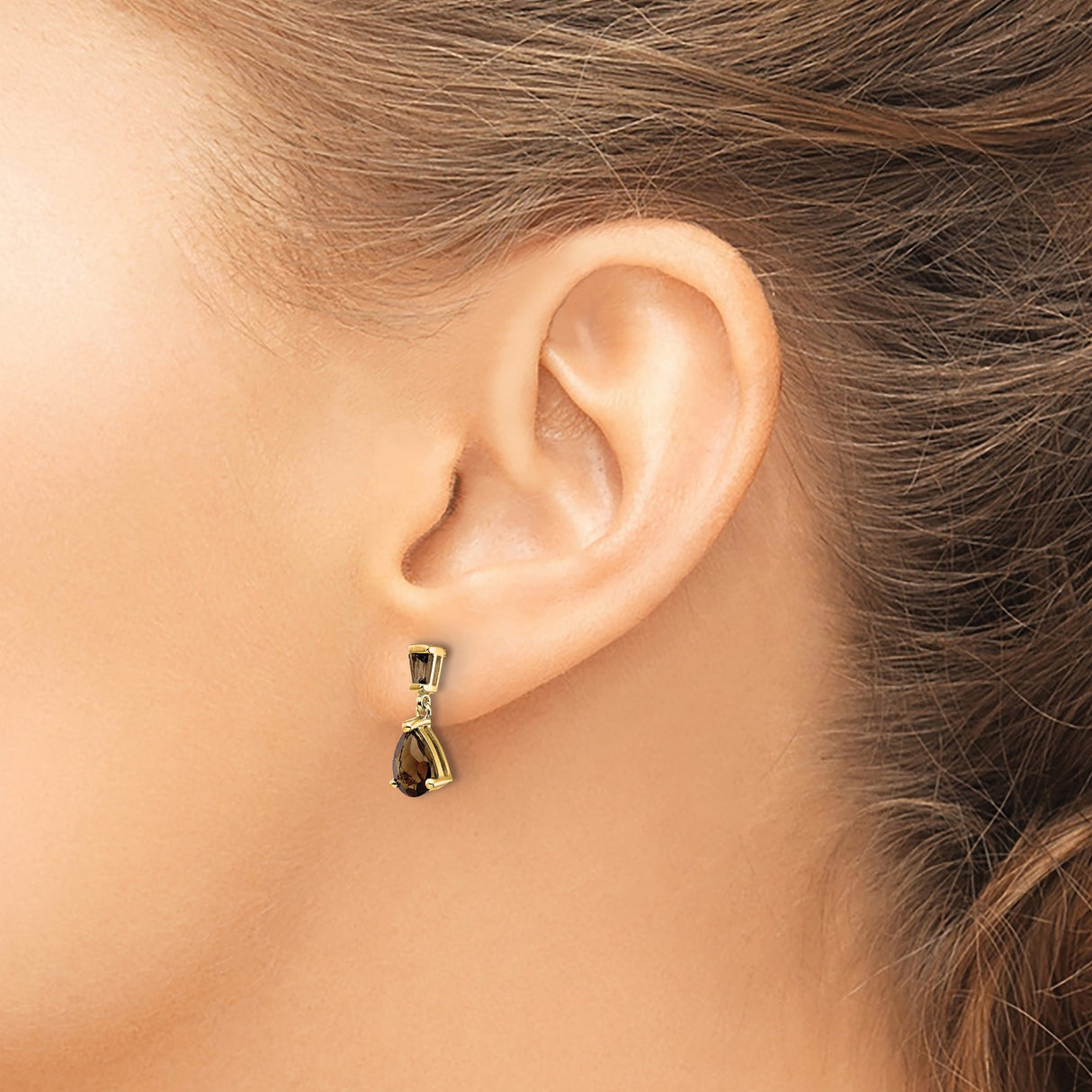 14k Yellow Gold Dangle Earrings with Smoky Quartz Teardrops, Geometric Modern Design
