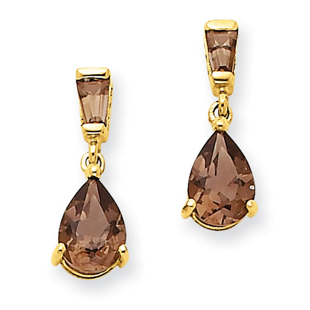 14k Yellow Gold Dangle Earrings with Smoky Quartz Teardrops, Geometric Modern Design