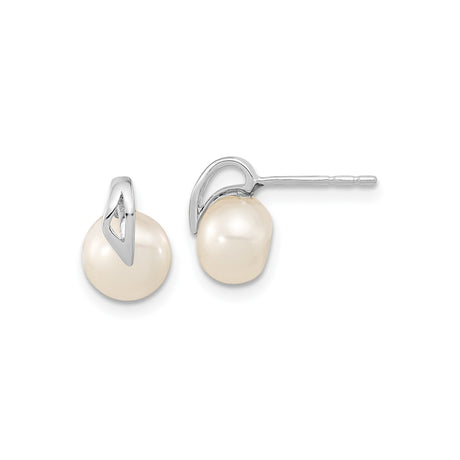 14k White Gold Stud Earrings with Cultured Freshwater Pearls, Modern Minimalist Design