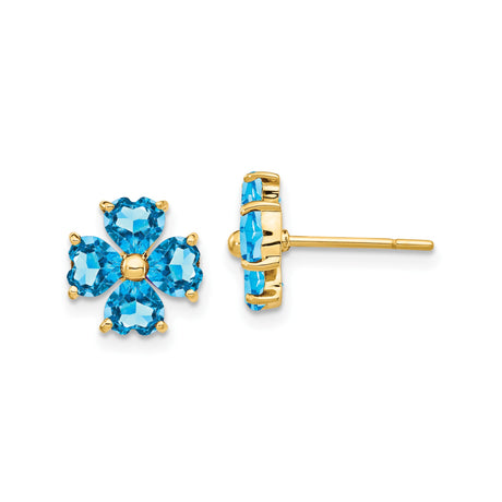 14k Yellow Gold Stud Earrings with Heart-Shaped Swiss Blue Topaz, Four Leaf Clover Design