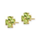 14k Yellow Gold Clover Stud Earrings with Heart Shaped Peridot Gemstones, Four Leaf Design