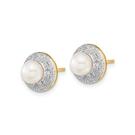 14k Yellow Gold Stud Earrings with White Pearl Center and Cubic Zirconia Accents, Modern Design